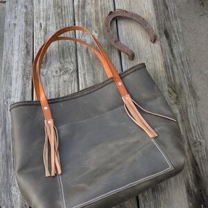 Leather Tote Bag with Tan Handles and Tassels
